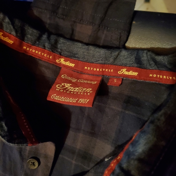 Indian Motorcycle navy blue gray and black plaid button down longsleeve shirt. - Picture 14 of 16